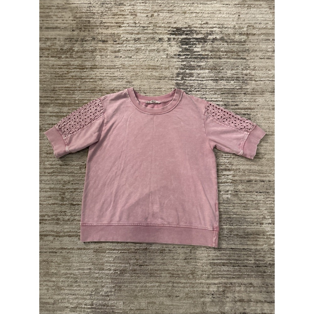 Jane+ Delancey Women Crewneck Embroidered Short Sleeve Pullover Pink Sz S Casual